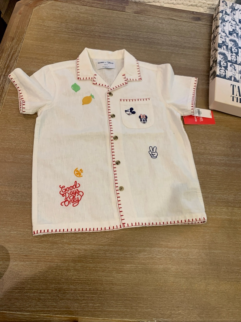 Old Navy Disney Kids Button-Down Shirt with Red Stitching and Playful Patches